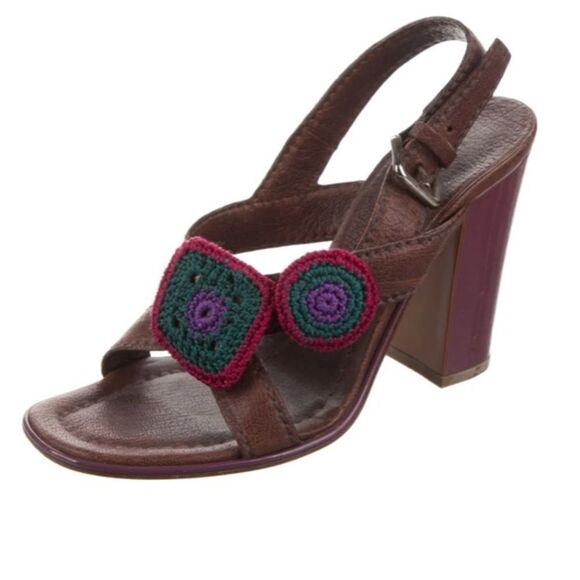 🔅 PRADA Classic VTG Leather Slingback Sandals Brown & Pink Crochet Accents🔅 - Picture 7 of 17